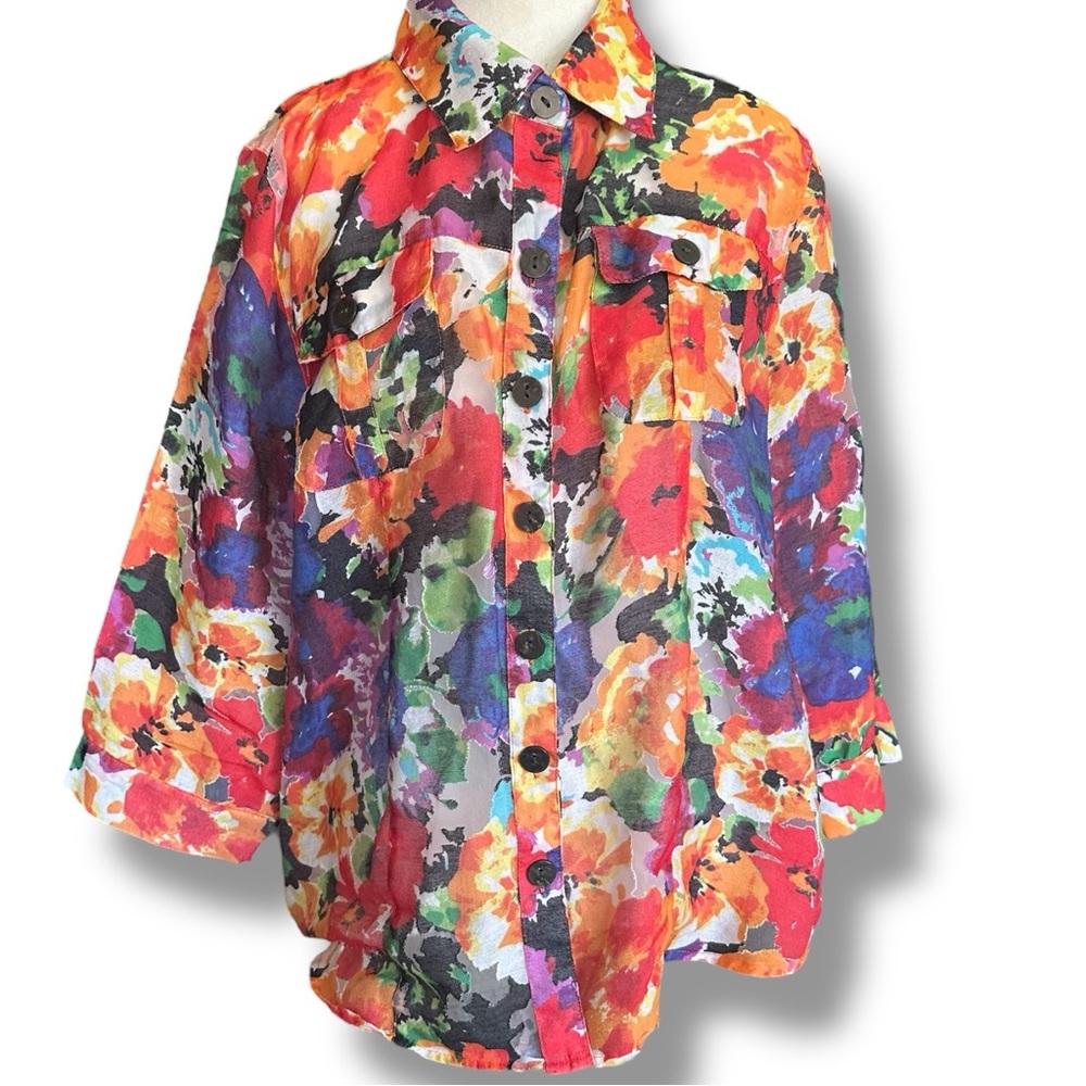 Draper’s & Damon’s Sheer Floral Long Sleeve Blouse Size Large